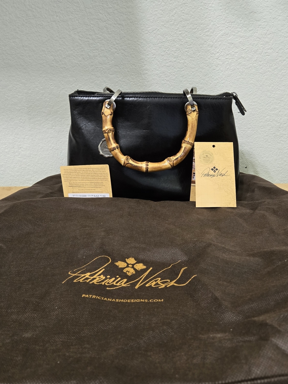 NWT Patricia Nash Black Leather Bamboo-Handle Shoulder Bag